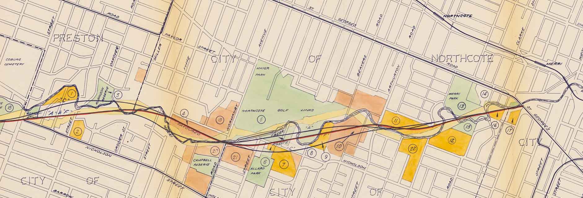 Plan of proposed Freeway F2 Bell Street Coburg to Clifton, VPRS 6347/P4, Unit 42 Map with drawing of proposed freeway